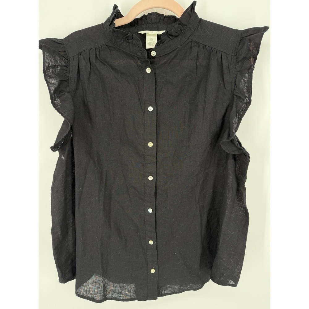 HM Black Linen Blend Ruffle Blouse Top Frill Neck Flutter Sleeve Womens Large L